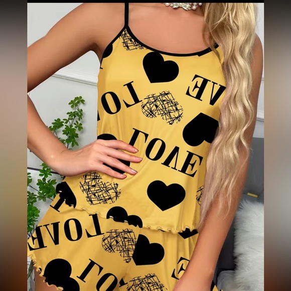 Heart Print Pajama Set, Sleeveless Cami Top & Elastic Waistband Shorts, - Picture 5 of 5